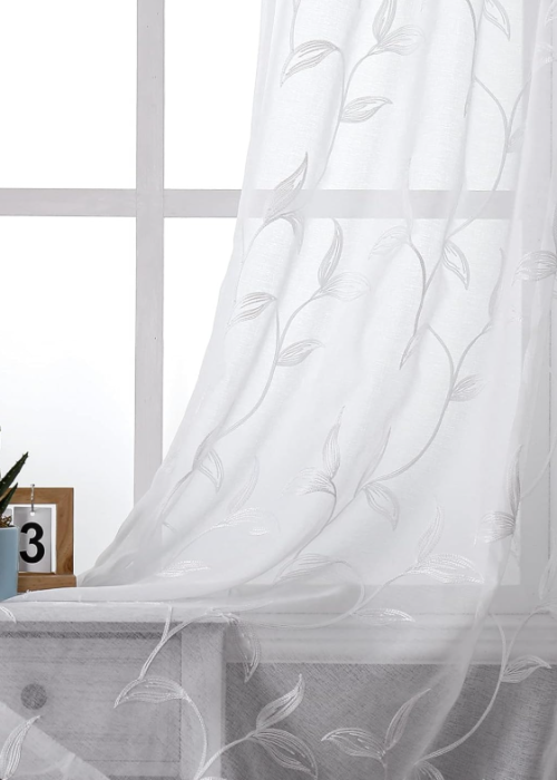 White Embroidered Linen-Style Sheer Curtains